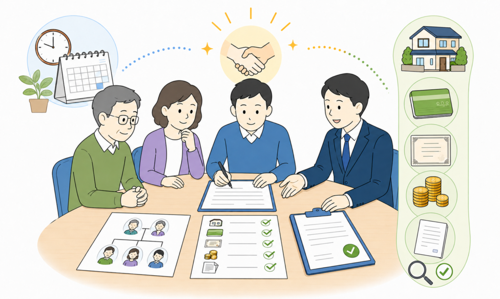 遺産分割協議書について専門家に相談している家族のイラスト
