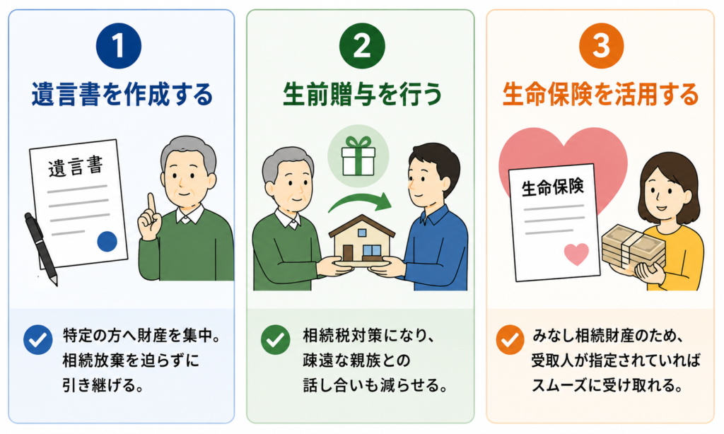 遺産の引き継ぎをスムーズにする3つの生前対策を示した図解
