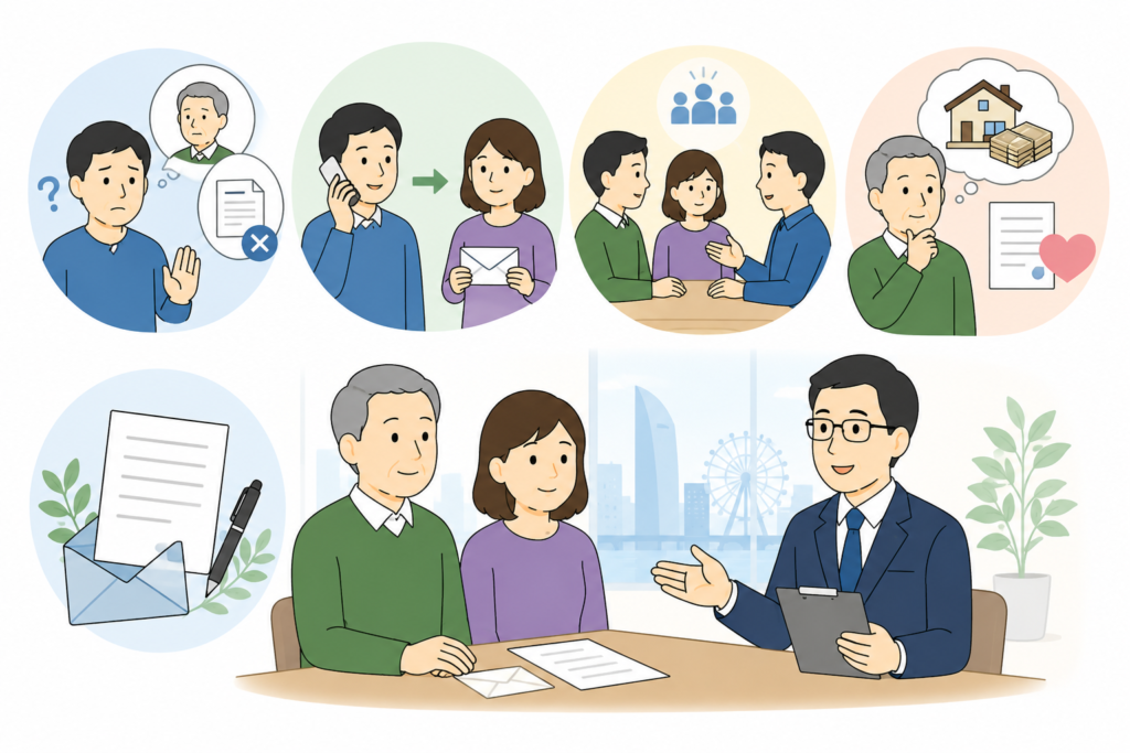 相続放棄の依頼に関して専門家に相談している家族のイラスト