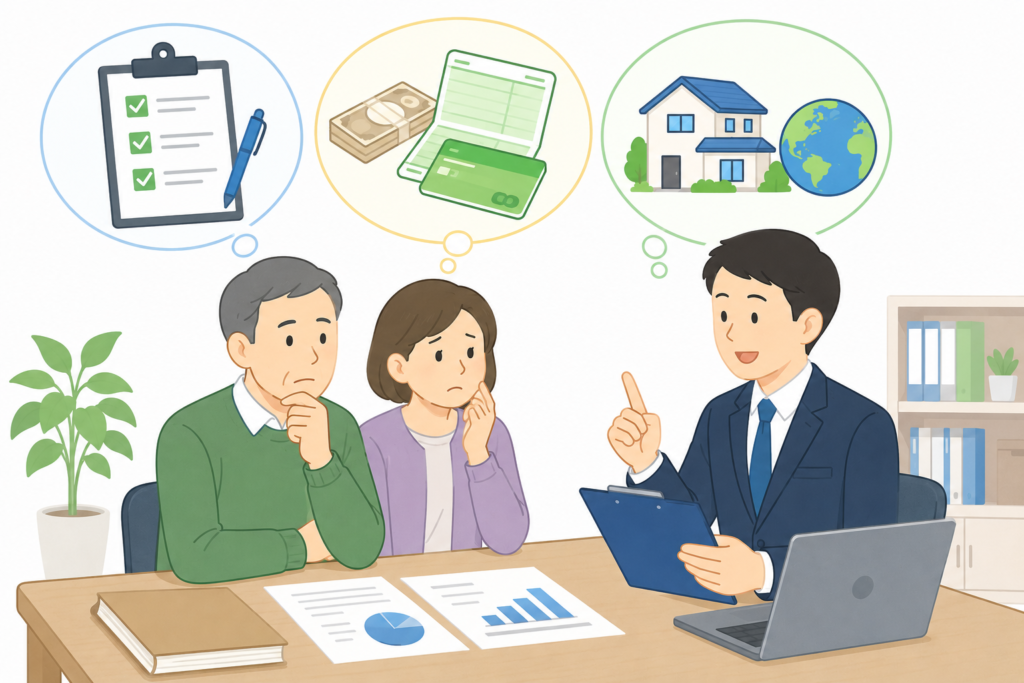 相続税の申告について専門家に相談している夫婦のイラスト