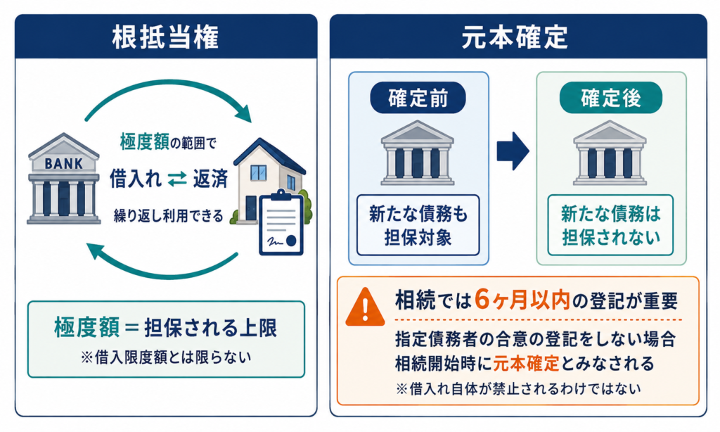 根抵当権は極度額の範囲で借入れと返済を繰り返せる担保権。相続では6ヶ月以内に登記しないと元本確定とみなされ、新たな債務は担保されない