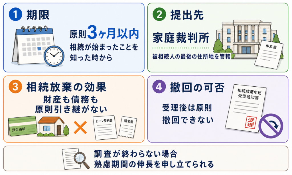 相続放棄のポイント。期限は原則3ヶ月以内、提出先は家庭裁判所、財産も債務も引き継がず、受理後は原則撤回できない