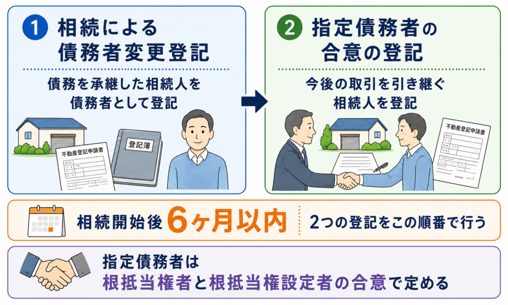 根抵当権の継続に必要な登記。相続開始後6ヶ月以内に、①相続による債務者変更登記②指定債務者の合意の登記をこの順で行う