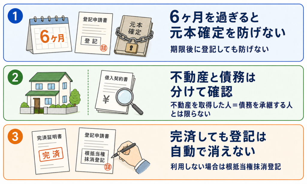 根抵当権の相続で注意したい3点。6ヶ月経過後は元本確定を防げない、不動産と債務は分けて確認、完済しても登記は自動で消えない