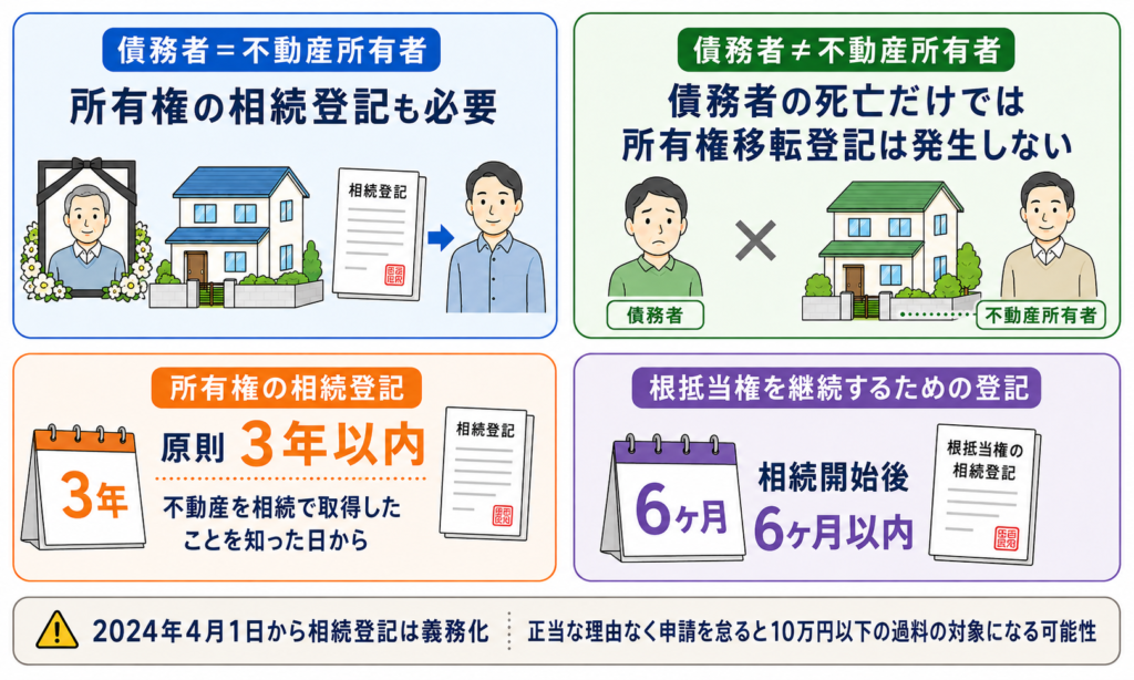 債務者と不動産所有者が同じなら所有権の相続登記も必要。所有権登記は原則3年以内、根抵当権の継続は6ヶ月以内。2024年4月から相続登記は義務化