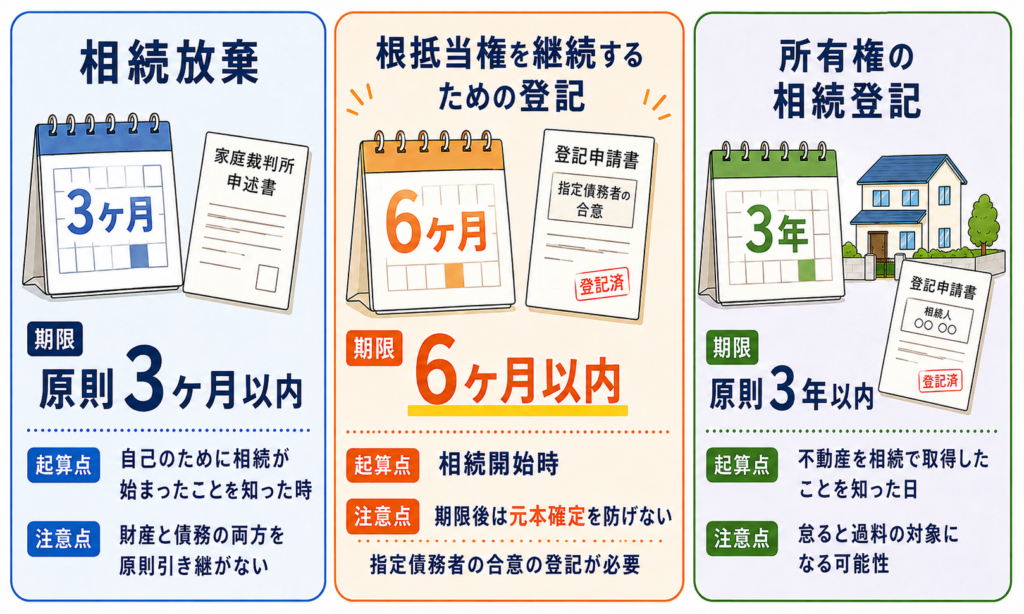 相続放棄3ヶ月・根抵当権の継続登記6ヶ月・所有権の相続登記3年の期限比較。