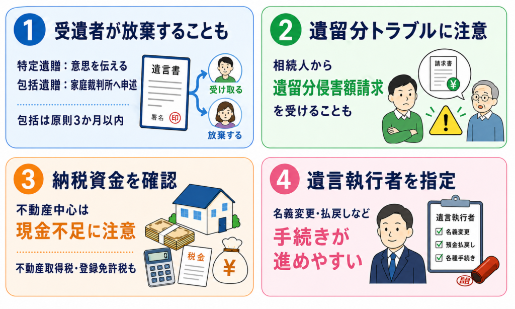 遺贈前に確認したい4つのポイントをまとめた図解
